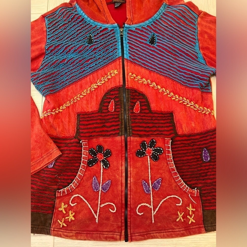 Rising International full zip‎ hooded jacket artsy whimsy boho unique women's L - Picture 4 of 8